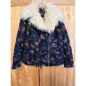 Free People Jacquard Wool Faux Fur Jacket Coat Navy Floral Tapestry Size S